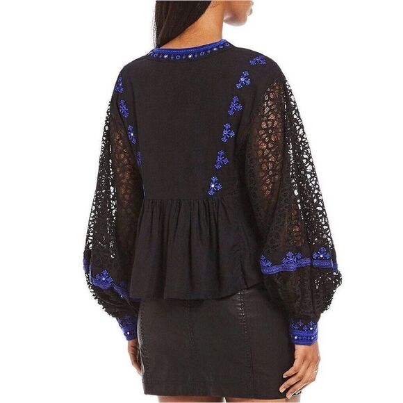 Free People Boogie All Night Blouse Black Blue Long Sleeve Lace Embroidery Sz SP - Picture 3 of 17
